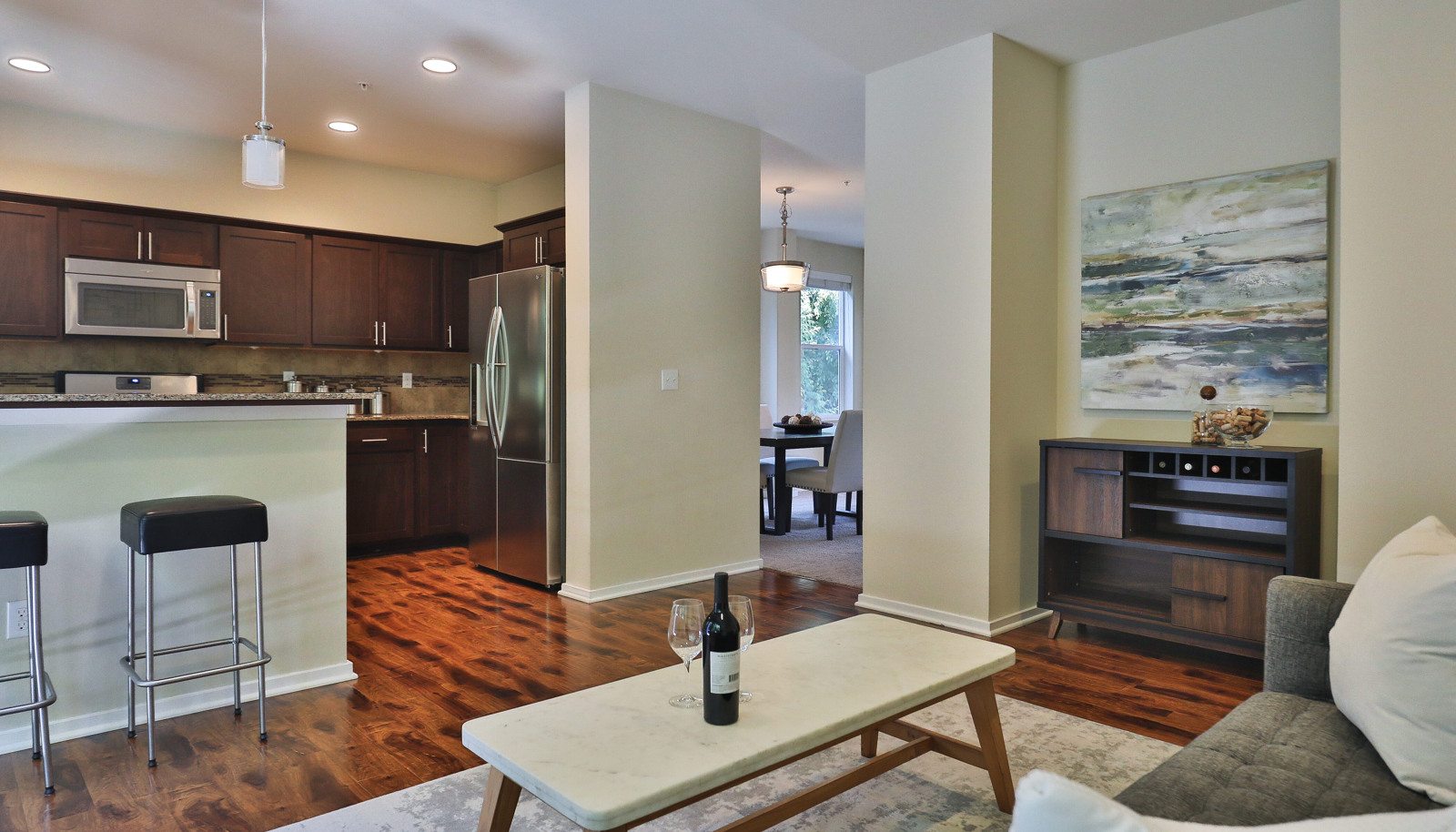 Family room and kitchen space can hold a crowd.