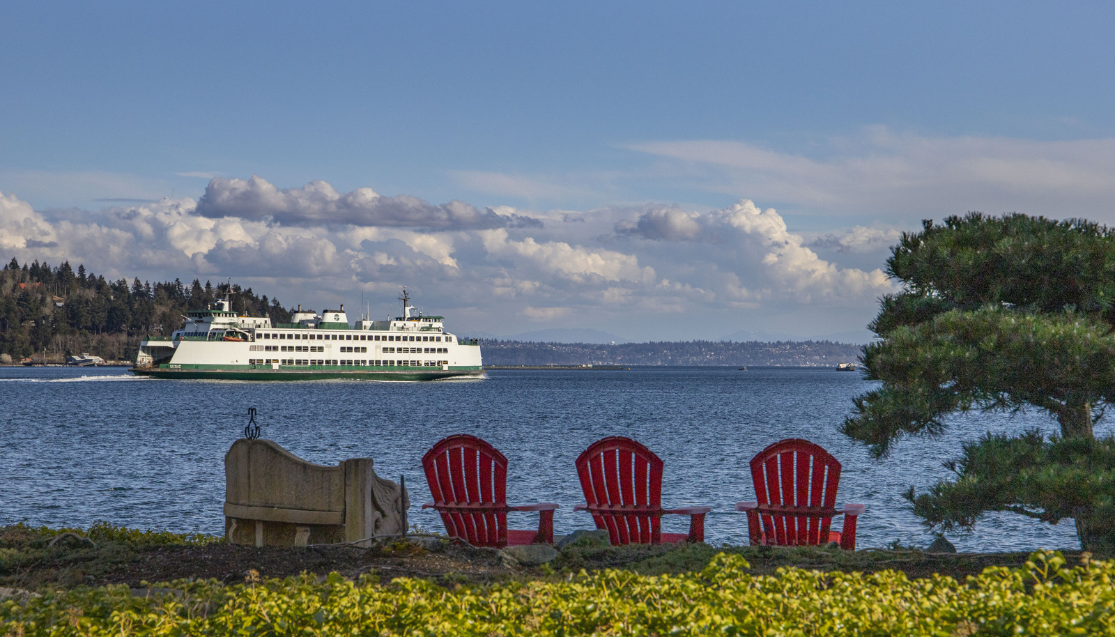 Watch the ferries glide by day and night.