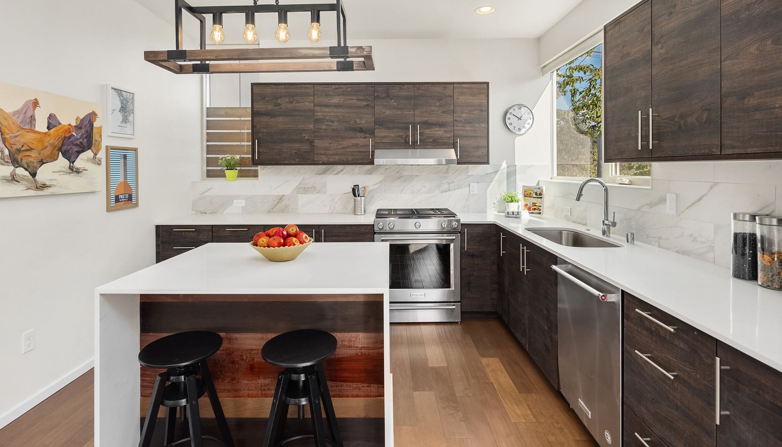 What's not to love about this LUXE kitchen. Three years young and gently used. Note the privacy from neighbors to the north as well as neighbors passing by.